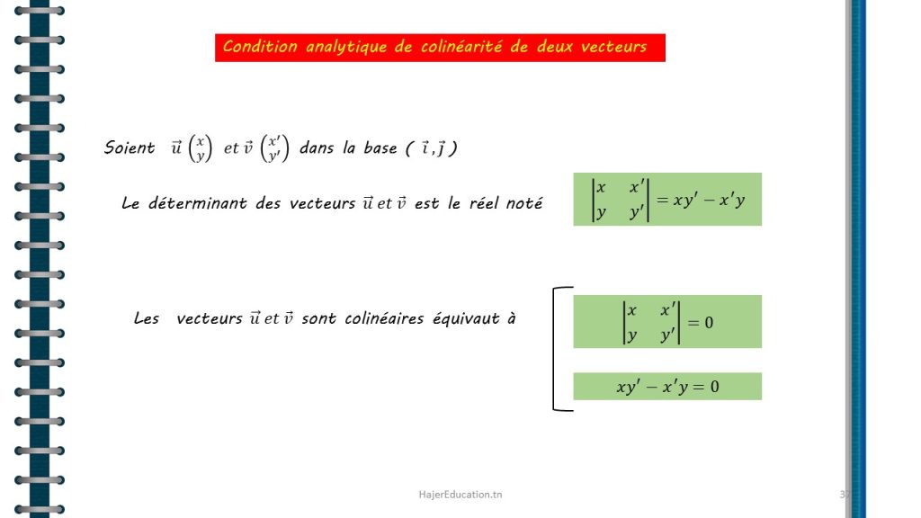 Condition analytique de colinéarité de deux vecteurs