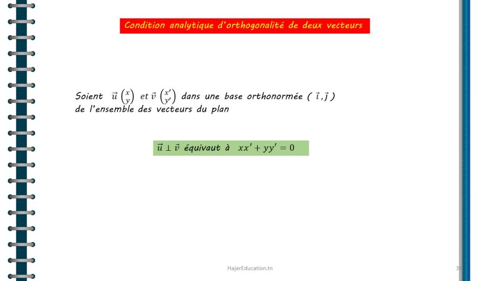 Condition analytique d’orthogonalité de deux vecteurs