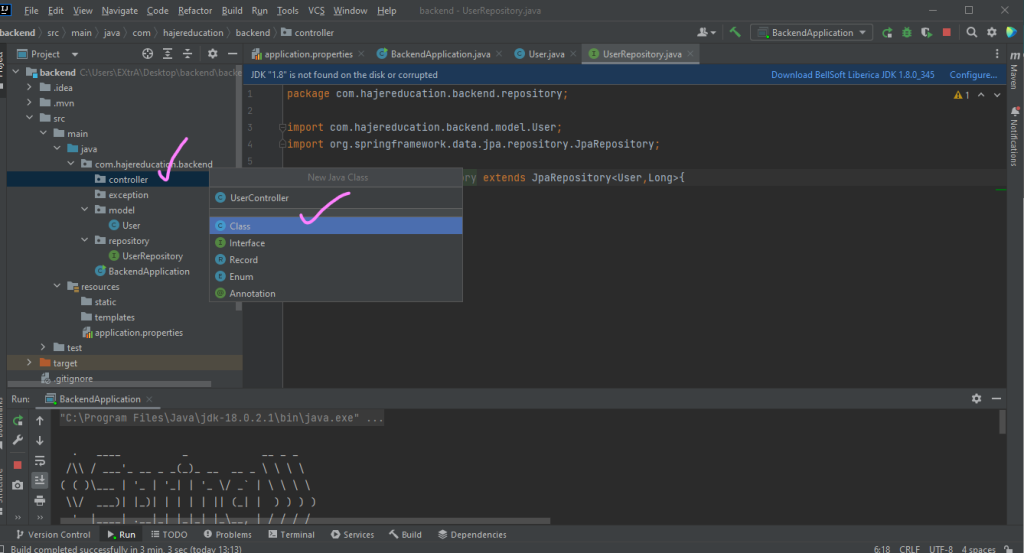 Add UserController Class to send data in database with postMapping