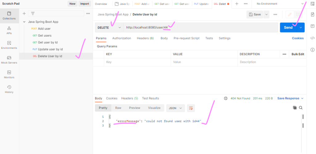 delete user by id not found postman
