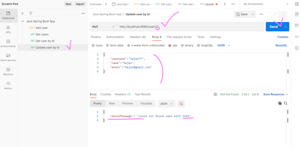 edit user by id error message user not found postman