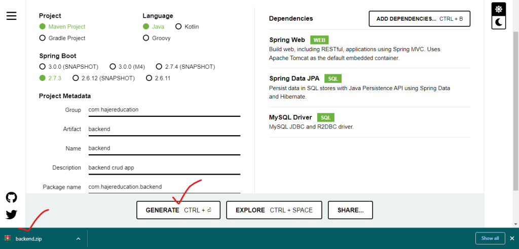 generate java spring crud app with spring Initializr