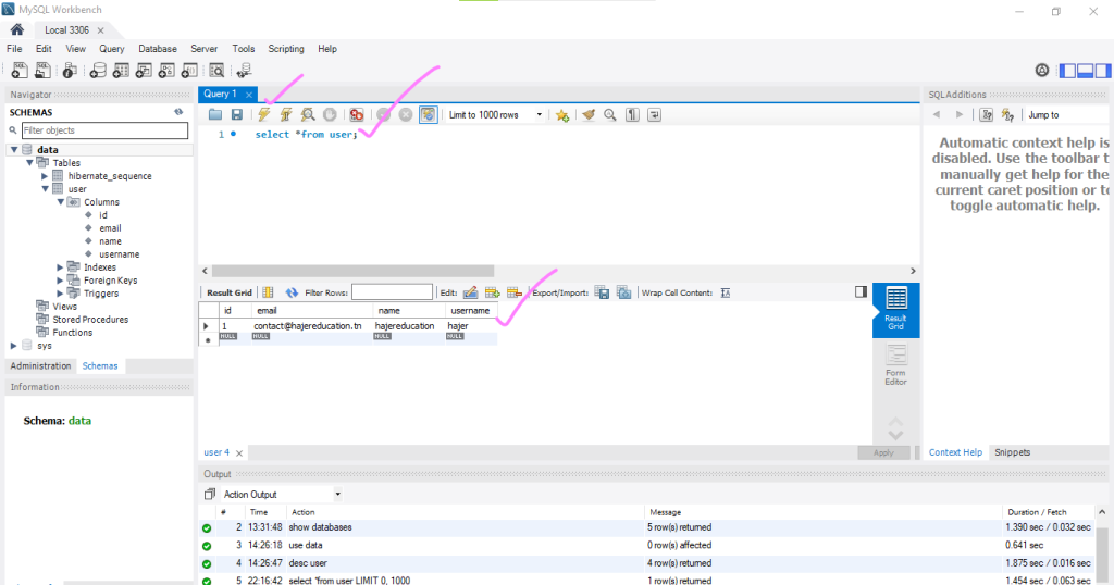 view data in MySQL Workbench select from user